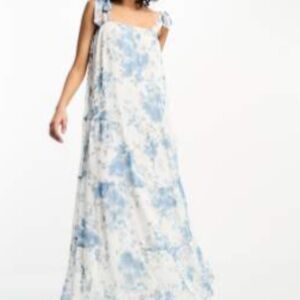 Blue and White Sleeveless Square Neck Maxi Sundress